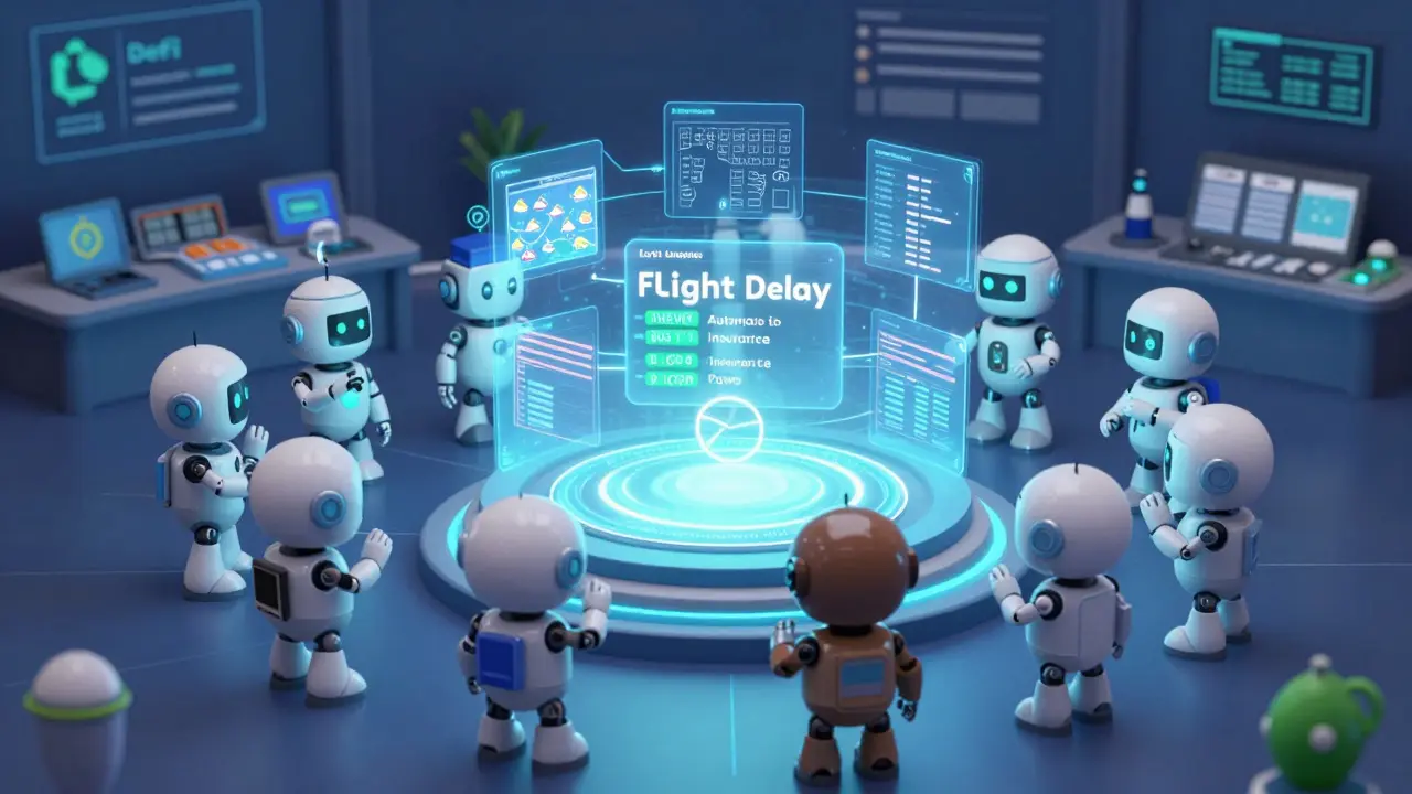 Team of robot nodes verifying flight data to trigger an automatic insurance payout.
