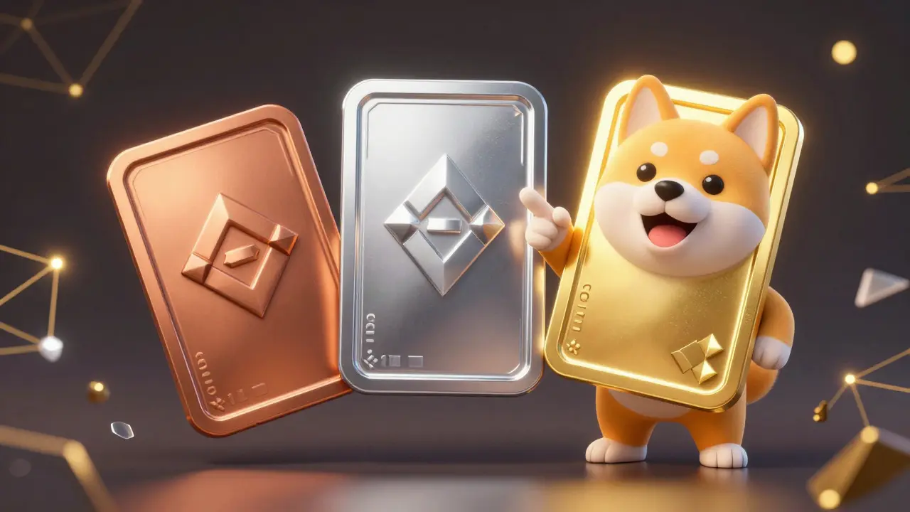 Three tiered NFT cards (Bronze, Silver, Gold) floating near a happy Shiba Inu character.