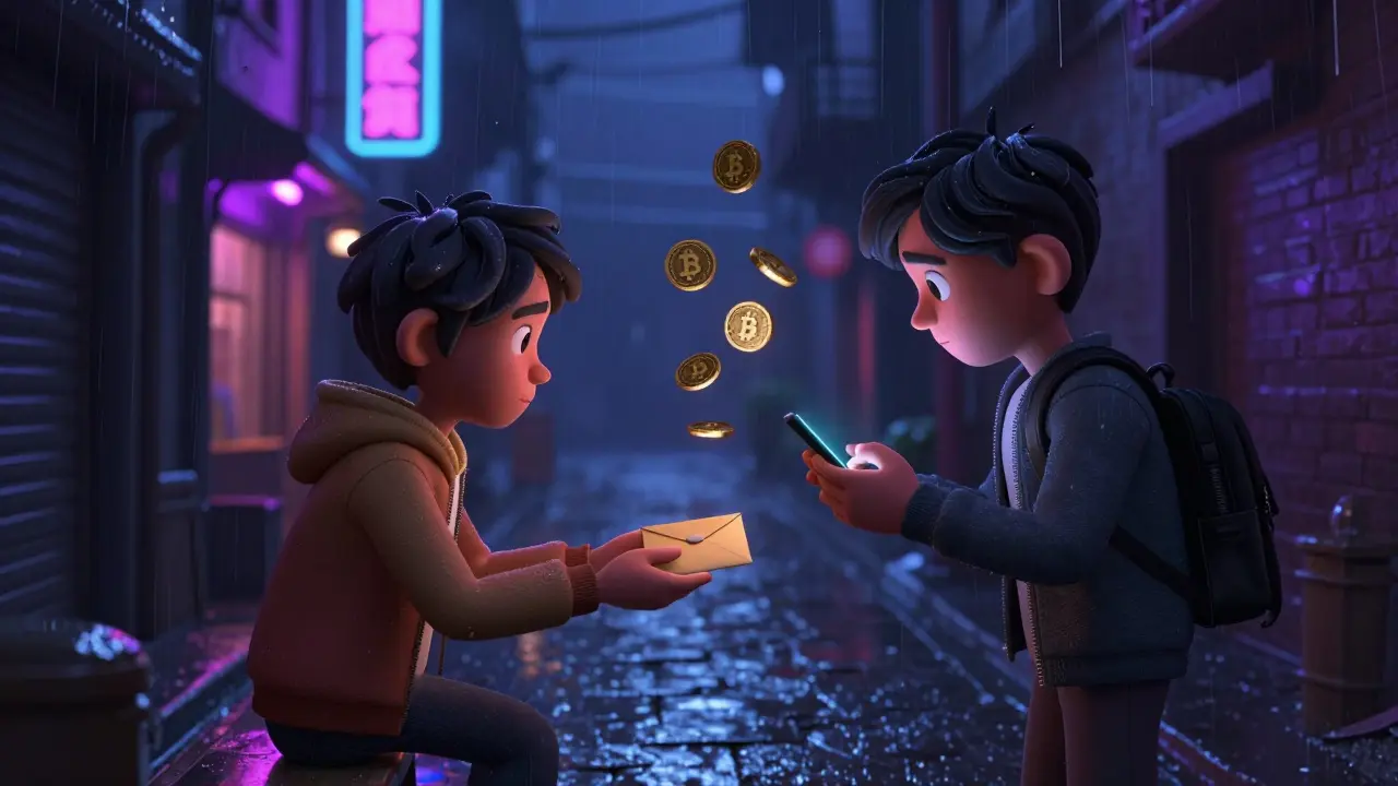 Two people exchanging items secretly in a rainy Kathmandu alley at night