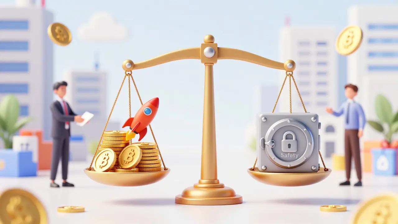 A balanced scale weighing innovation against safety, surrounded by floating tokenized assets in a financial hub.