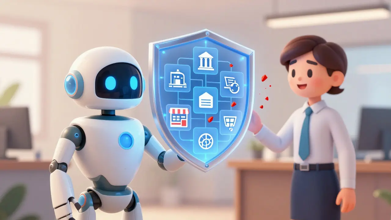 A robot and human officer using a digital shield to protect businesses from fraud.