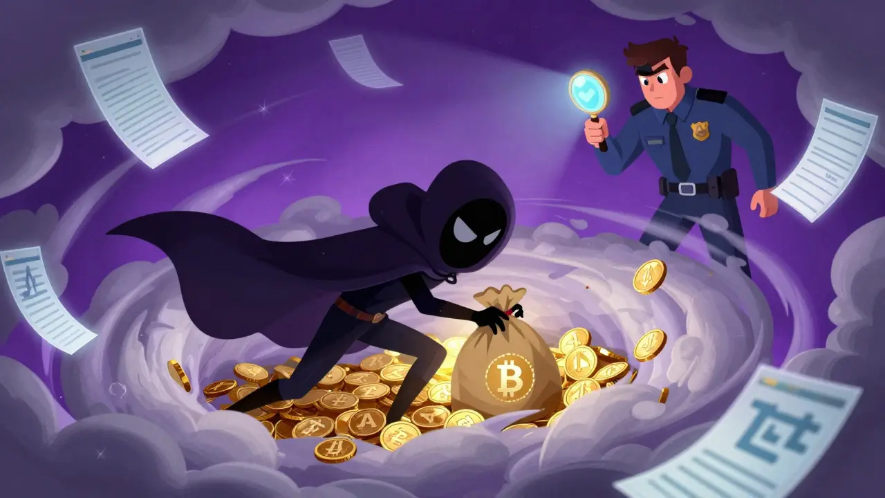 A shadowy figure hiding crypto coins in a privacy vortex while law enforcement watches.