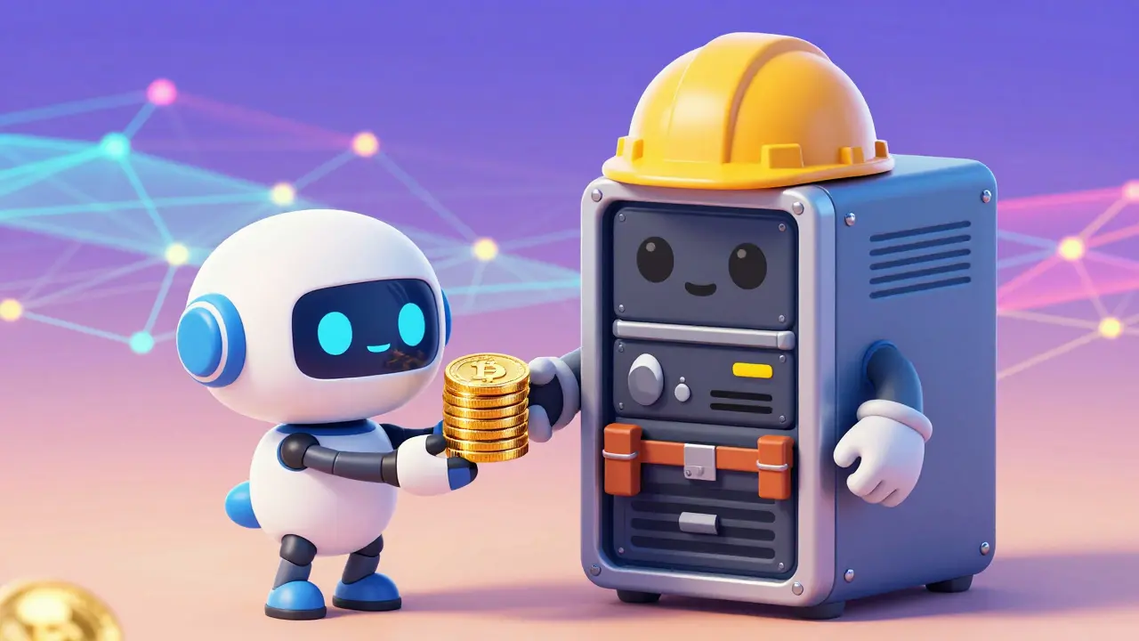 A small robot delegating tokens to a sturdy validator server character.