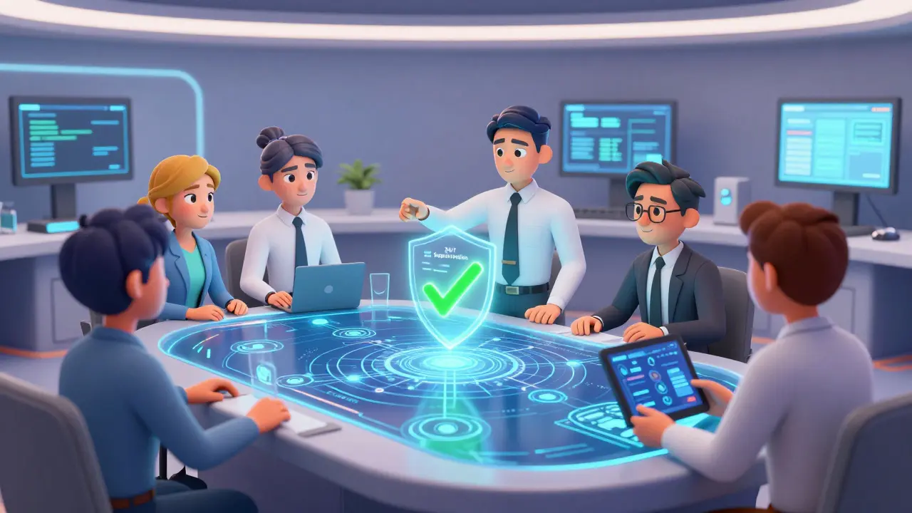 A team of professionals monitoring blockchain security and compliance on holographic displays in a modern office.