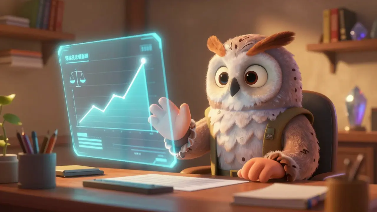 A wise owl character explaining sustainable crypto strategies with holographic charts.