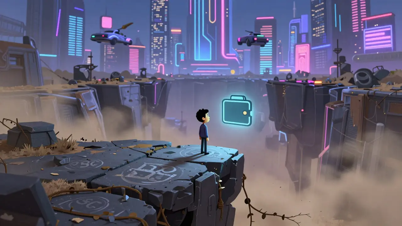Abandoned digital ruins vs vibrant modern city, showing XWG's decline and tech gap.