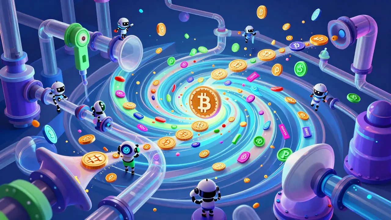 Abstract 3D art showing crypto money laundering process