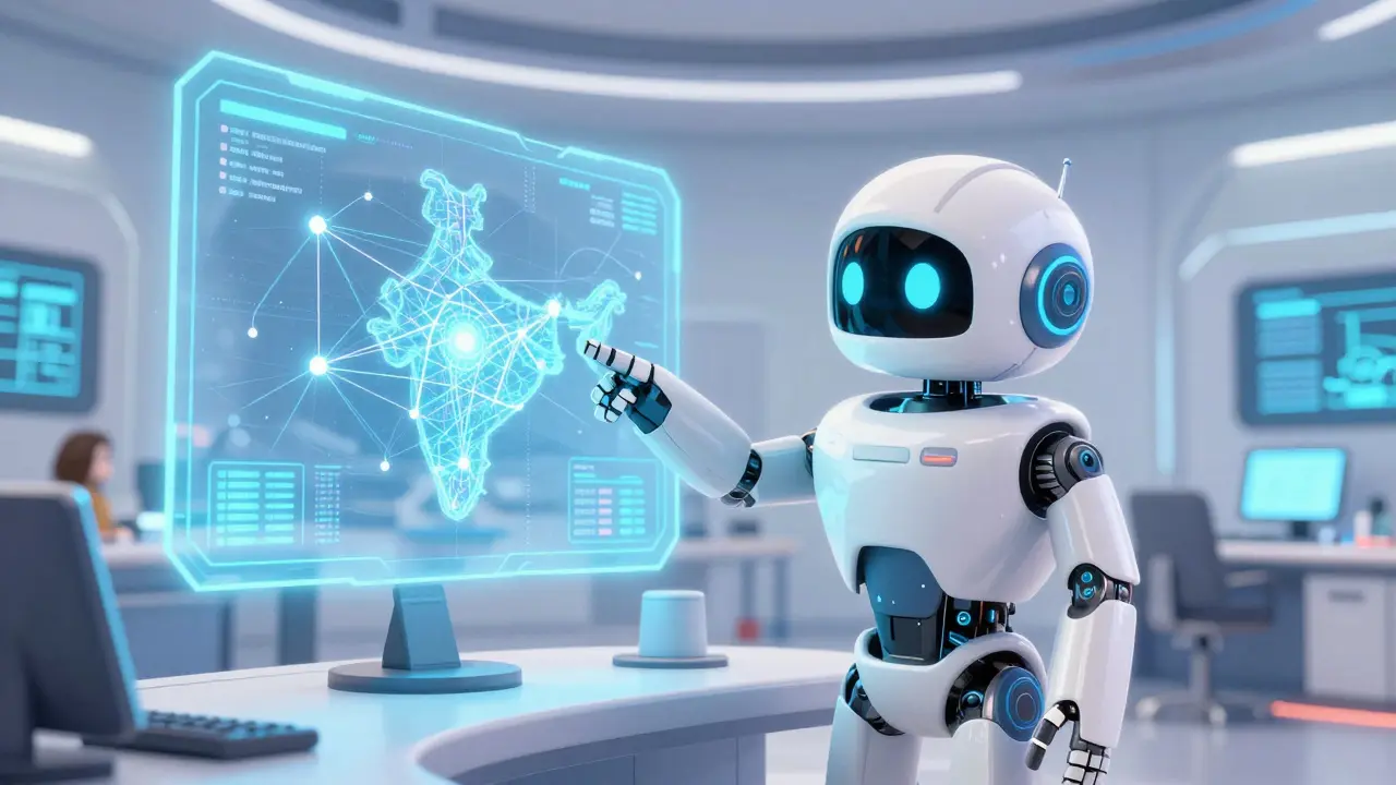 AI robot tracking crypto transactions on a holographic map