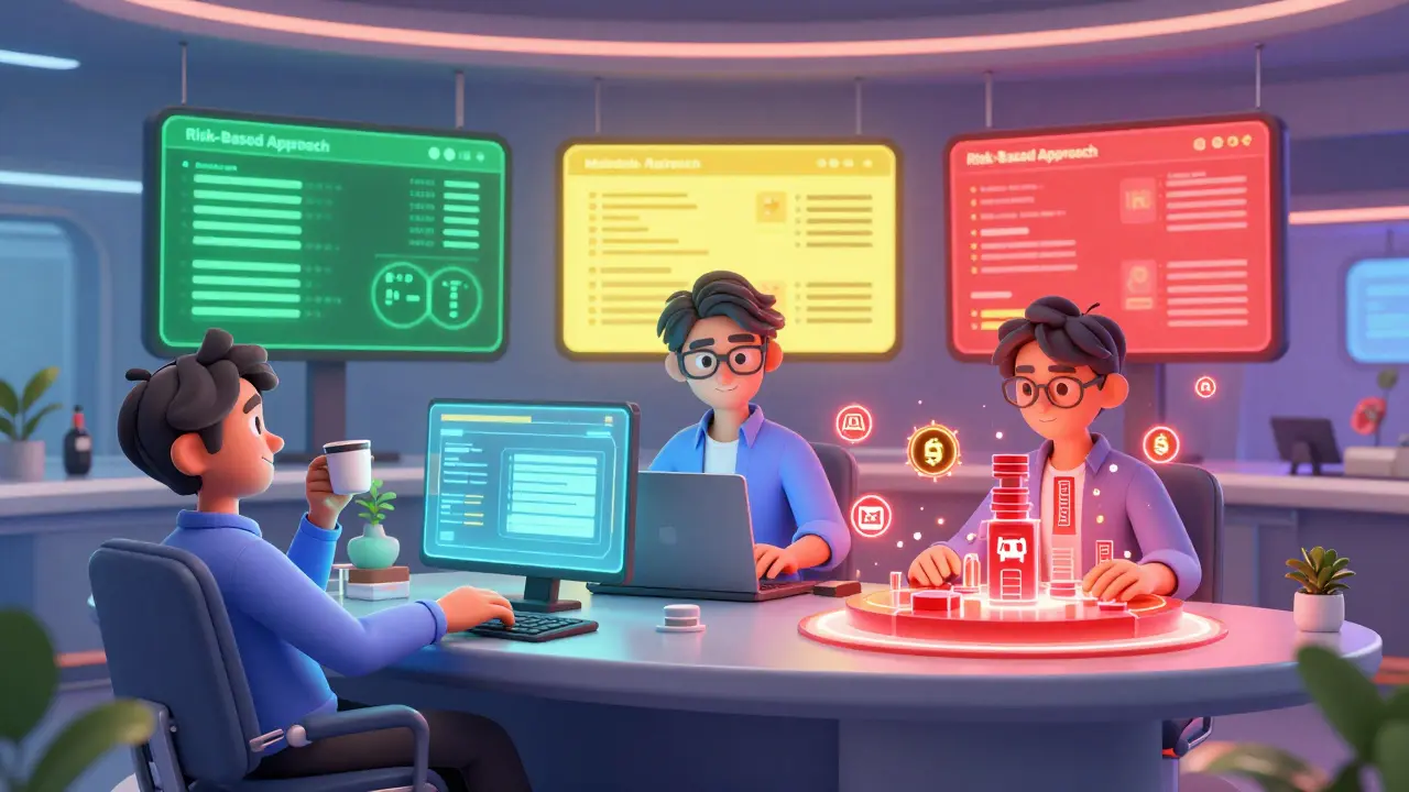 Animated analysts monitoring tiered crypto risks on holographic screens