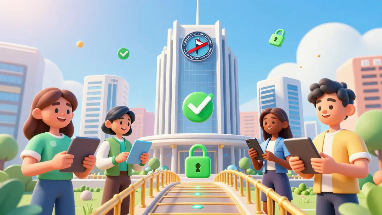 Bright futuristic scene of licensed crypto trading in Amman with happy users and secure apps