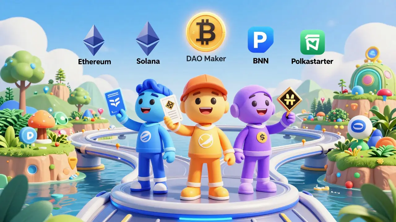 Cartoon characters exploring new crypto opportunities on a multi-chain bridge