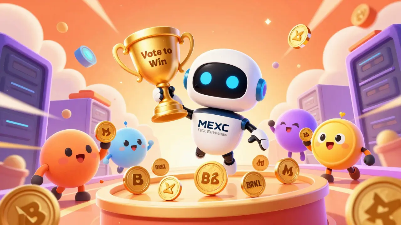 Cartoon exchange mascot holding trophy with floating token rewards