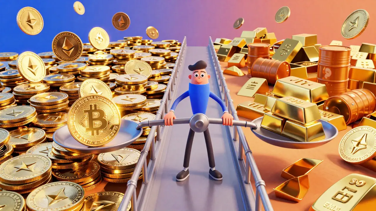 Character balancing crypto coins and traditional commodities on a hybrid trading bridge