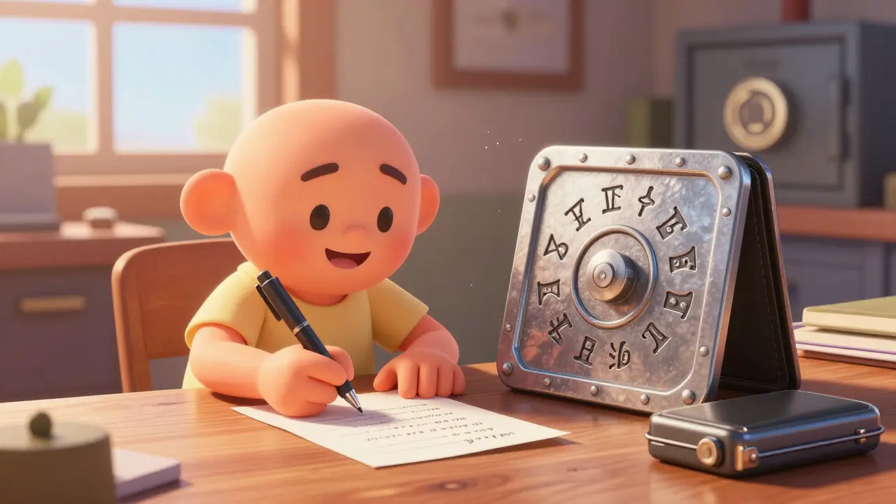 Character safely writing seed phrase on paper and steel plate in a sunlit room.