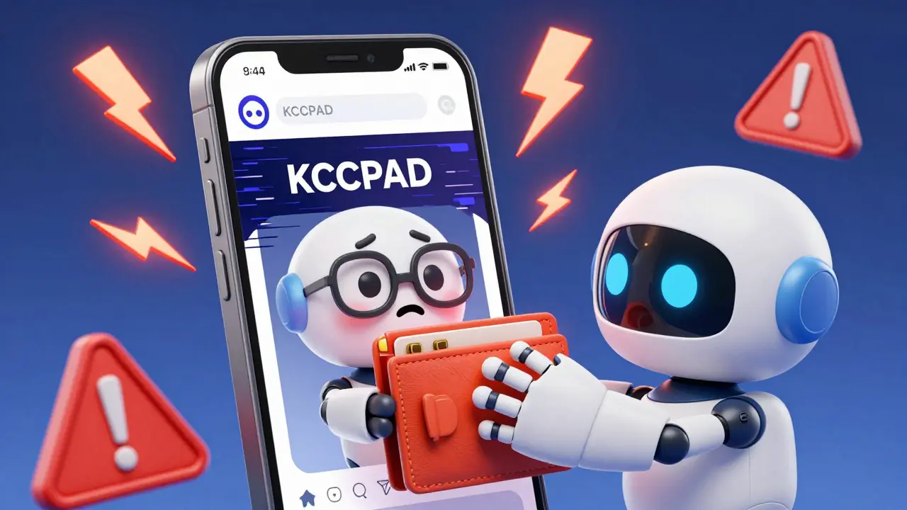 Character warned by robot mascot against fake crypto scam website on phone