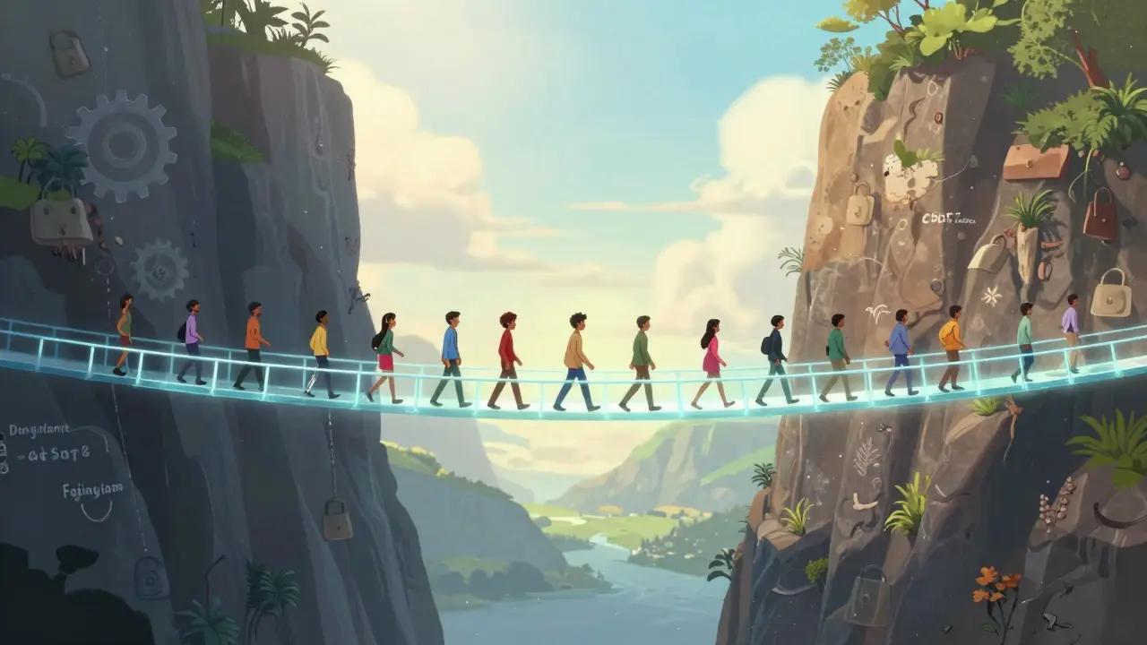 Characters crossing a light bridge towards a brighter future, symbolizing hope.