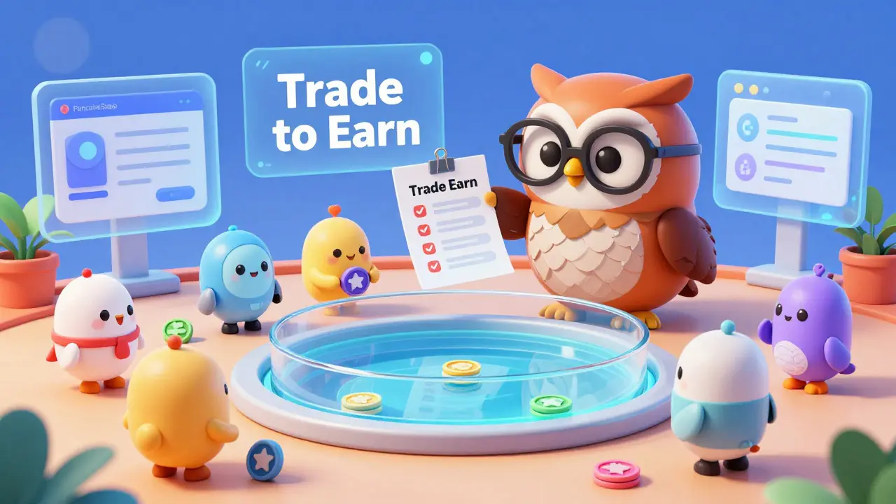 Cute characters trading tokens near a reward pool with an owl guide checking safety steps