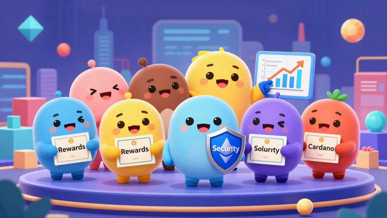 Cute crypto mascots celebrating rewards on a blockchain stage.