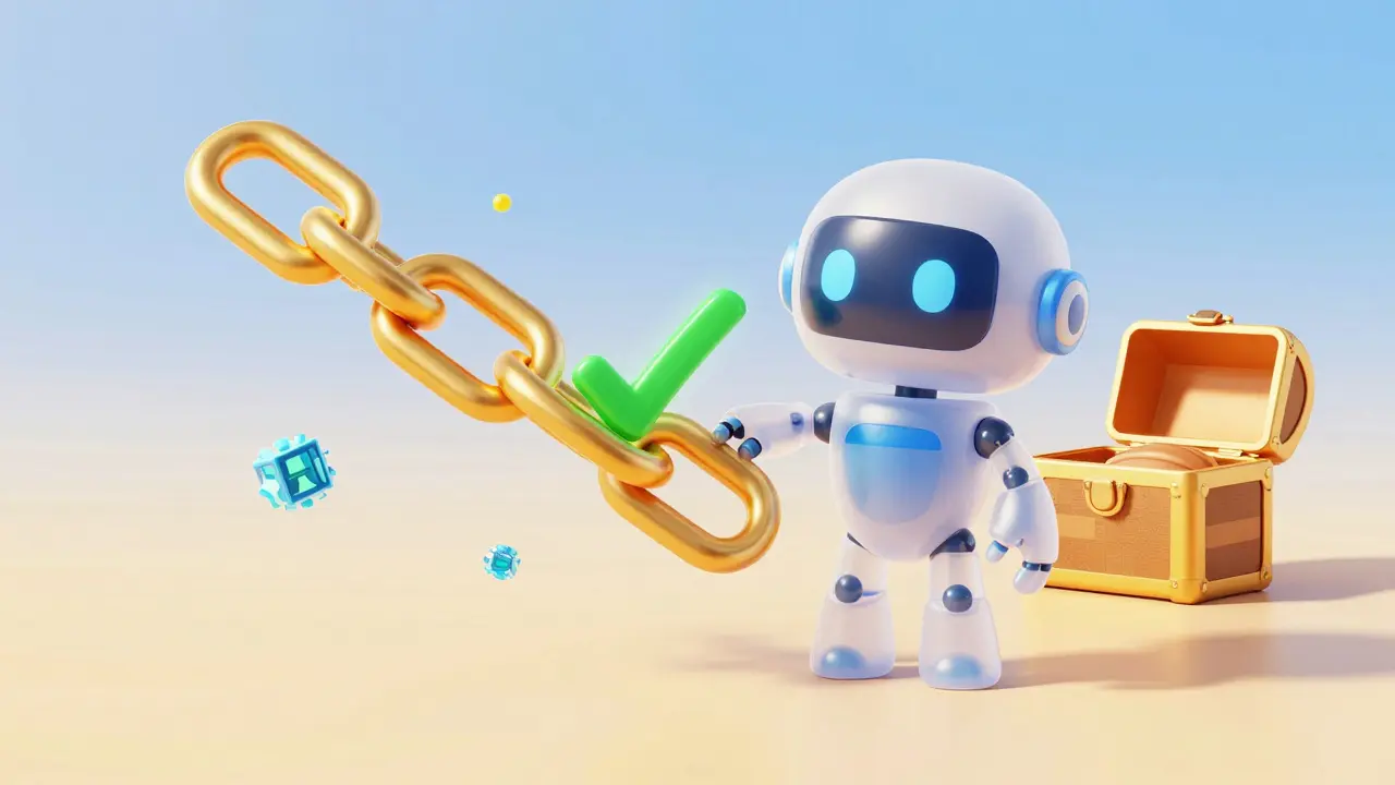 Cute robot verifying a golden blockchain link with a green checkmark in a digital space