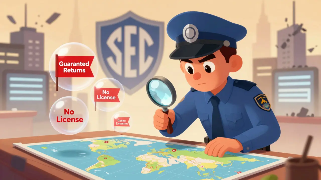 Detective spotting red flags of crypto scams with a magnifying glass