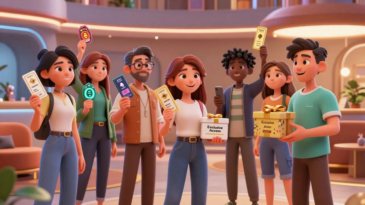 Fans holding NFT tickets transforming into exclusive badges in a futuristic event lobby