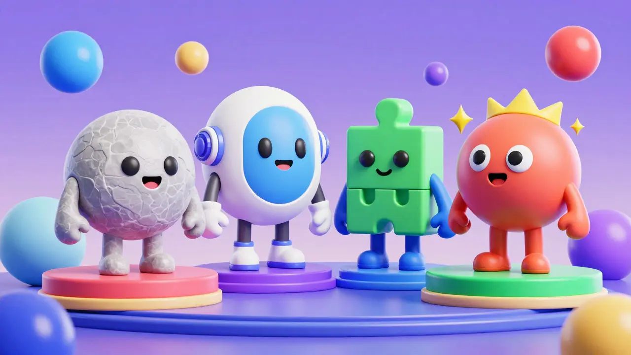 Four colorful characters representing different DeFi platforms on a digital stage.