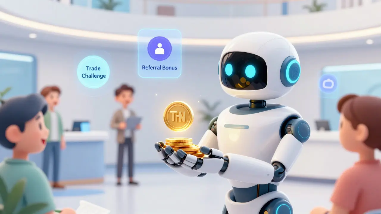 Friendly robot assistant distributing reward tokens in a secure digital space