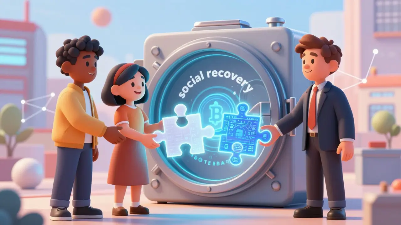 Friends combining puzzle pieces to unlock a crypto vault in social recovery scene.