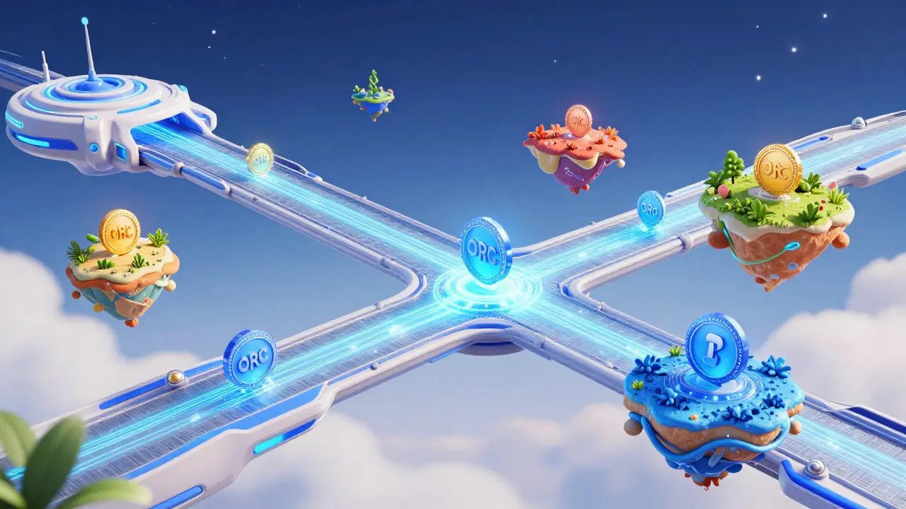Futuristic bridge connecting blockchains with flowing ORC tokens