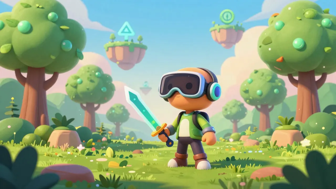 Gamer in eco-friendly digital forest holding NFT weapon