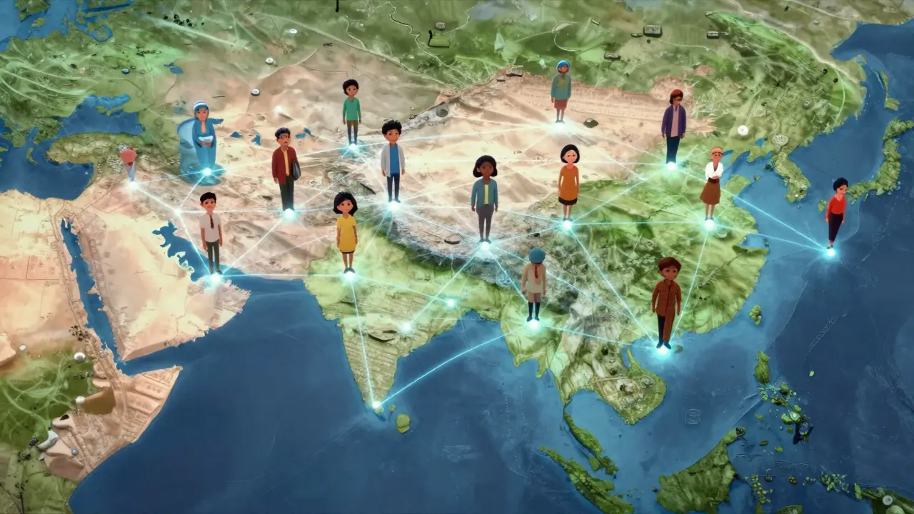 Glowing threads connecting South Asian users