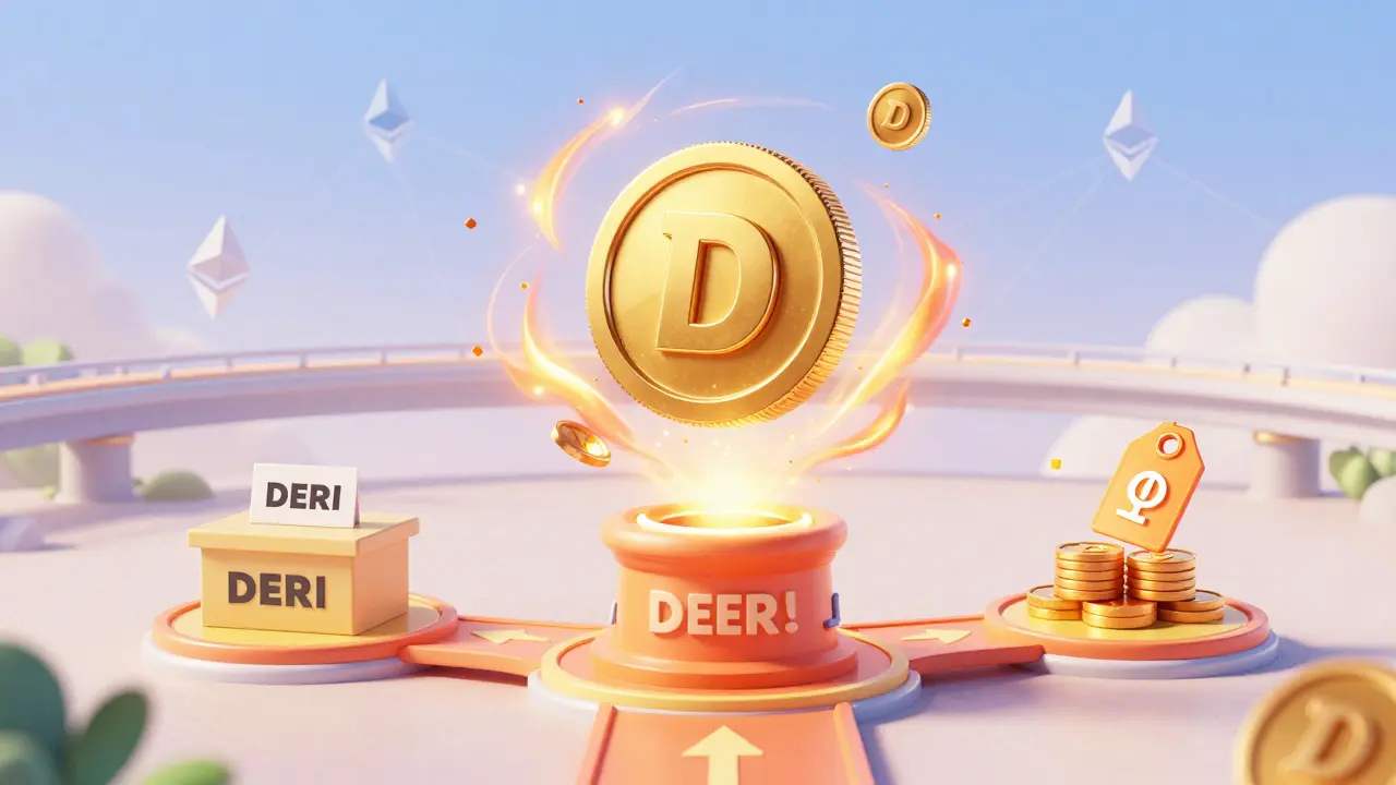 Golden DERI token floating with burning effects, connected to governance, staking, and fee paths.