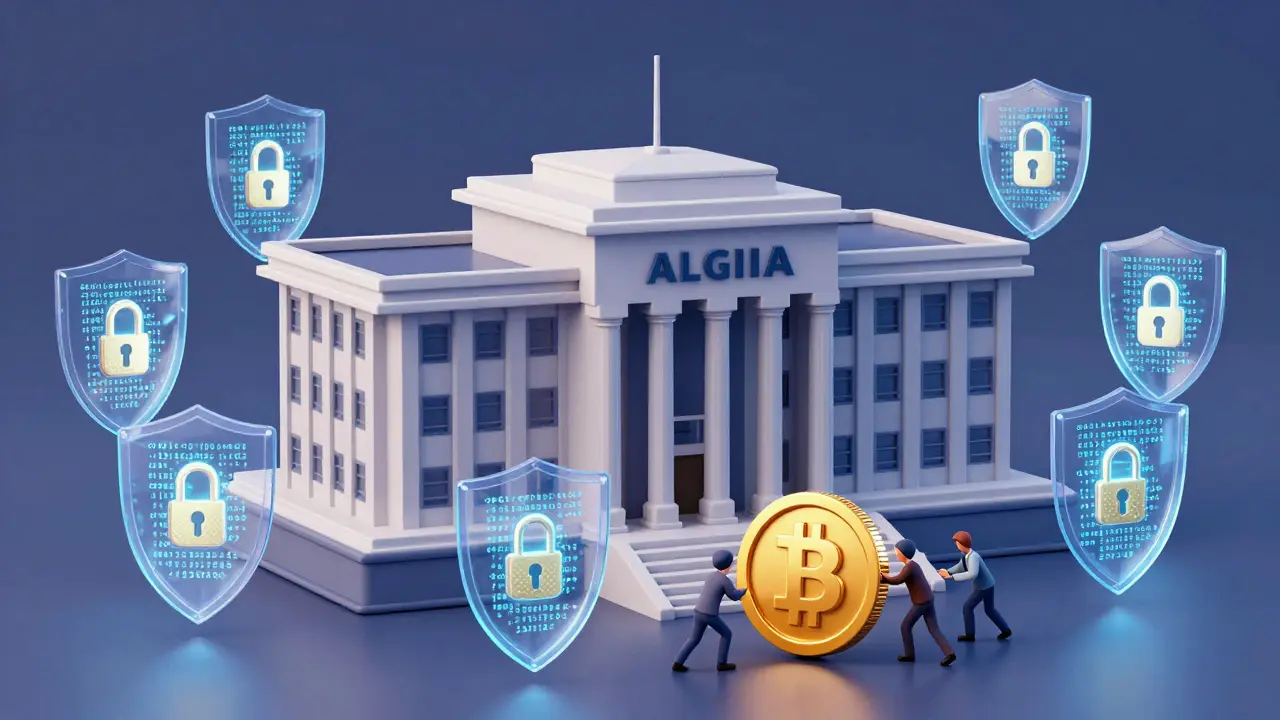 Government building blocking digital currency with security shields