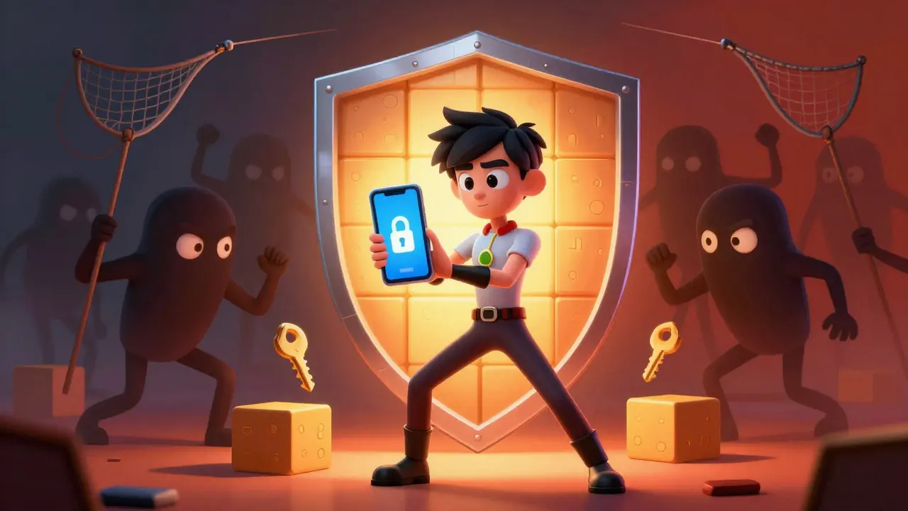 Heroic avatar protecting wallet from shadowy scammers with a blockchain shield