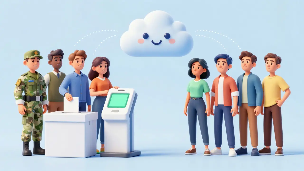 Hybrid voting scene combining paper ballots and digital kiosks