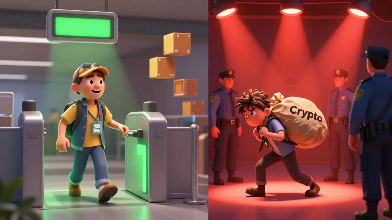 Pixar-style airport security showing different risk levels for travelers