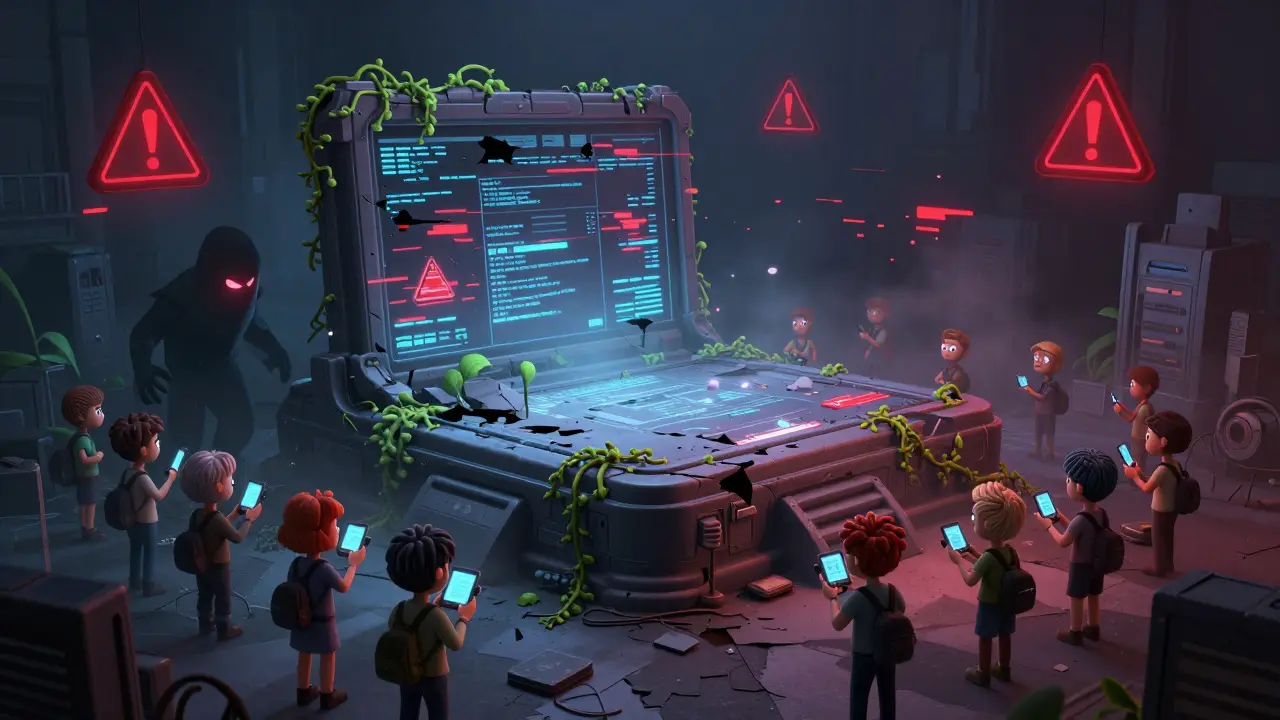 Pixar-style image of an abandoned, glitching digital platform with warning signs and worried users.