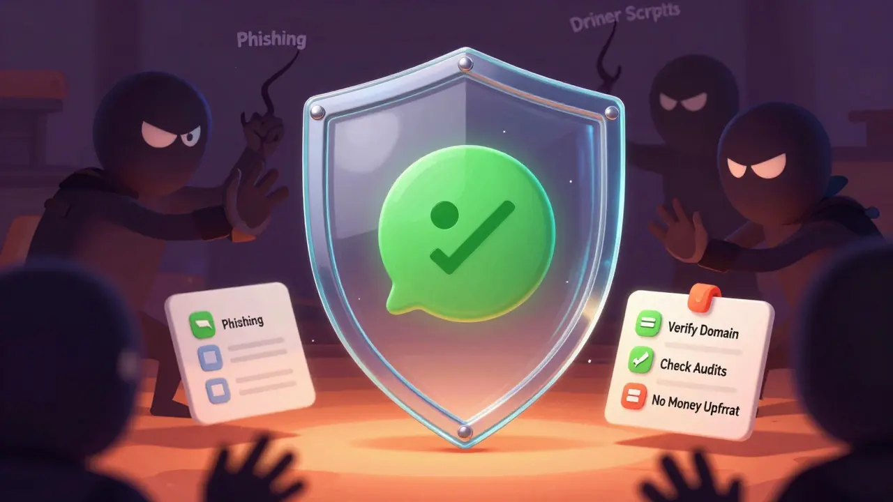 Protective shield guarding a crypto wallet from shadowy scammer figures