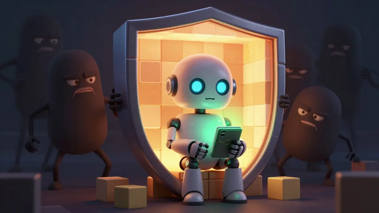 Robot protected by a blockchain shield from shadowy scam figures outside