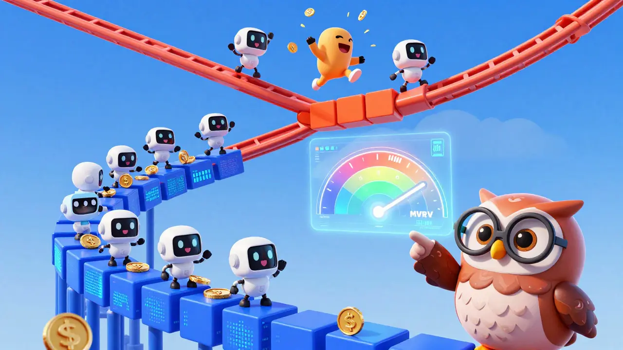 Rollercoaster of crypto cycles with investors at peaks and troughs.