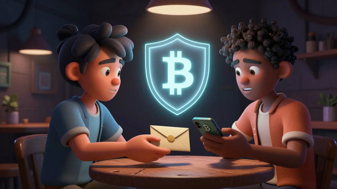 Secretive P2P crypto trade between two people in shadows with digital escrow shield icon