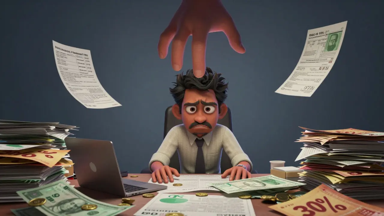 Stressed trader overwhelmed by piles of tax forms and coins in Pixar style.