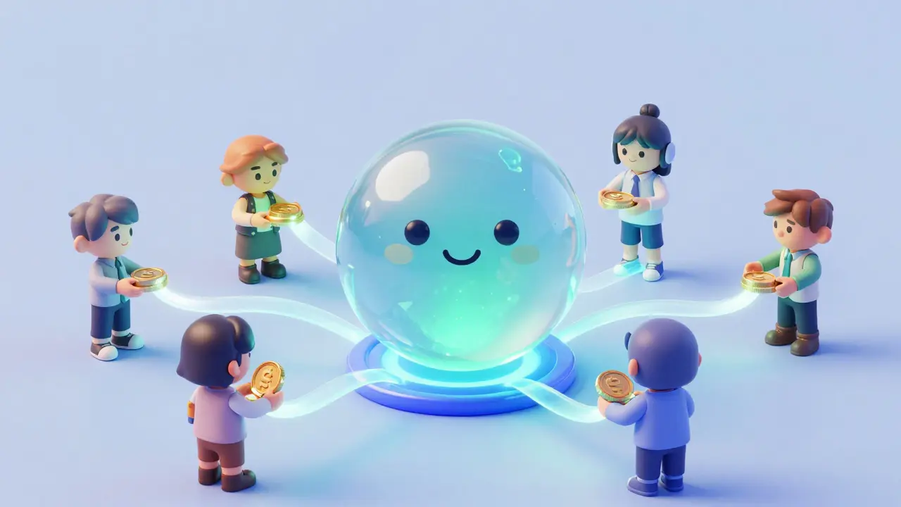 Stylized avatars interacting with a glowing central liquidity pool orb in a harmonious setting.