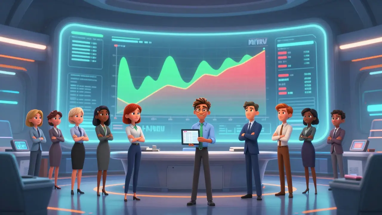 Team analyzing MVRV data on a futuristic screen in Pixar style.