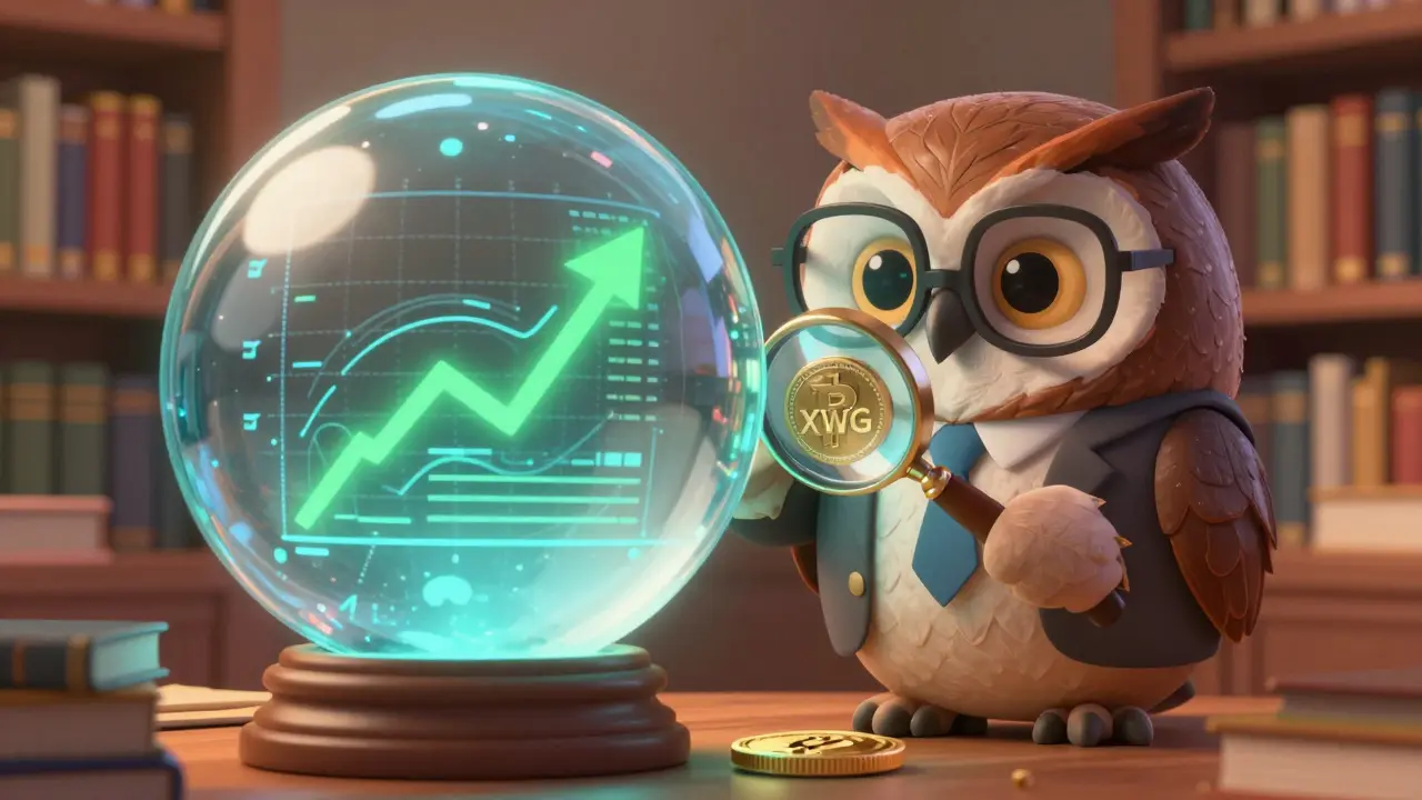 Wise owl examining a cracked coin, advising on crypto risks and better alternatives.