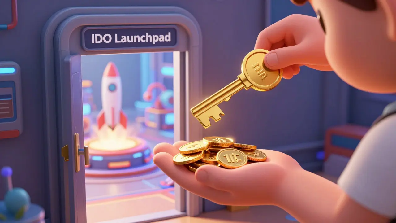 3D animation showing tokens turning into a key for a launchpad door