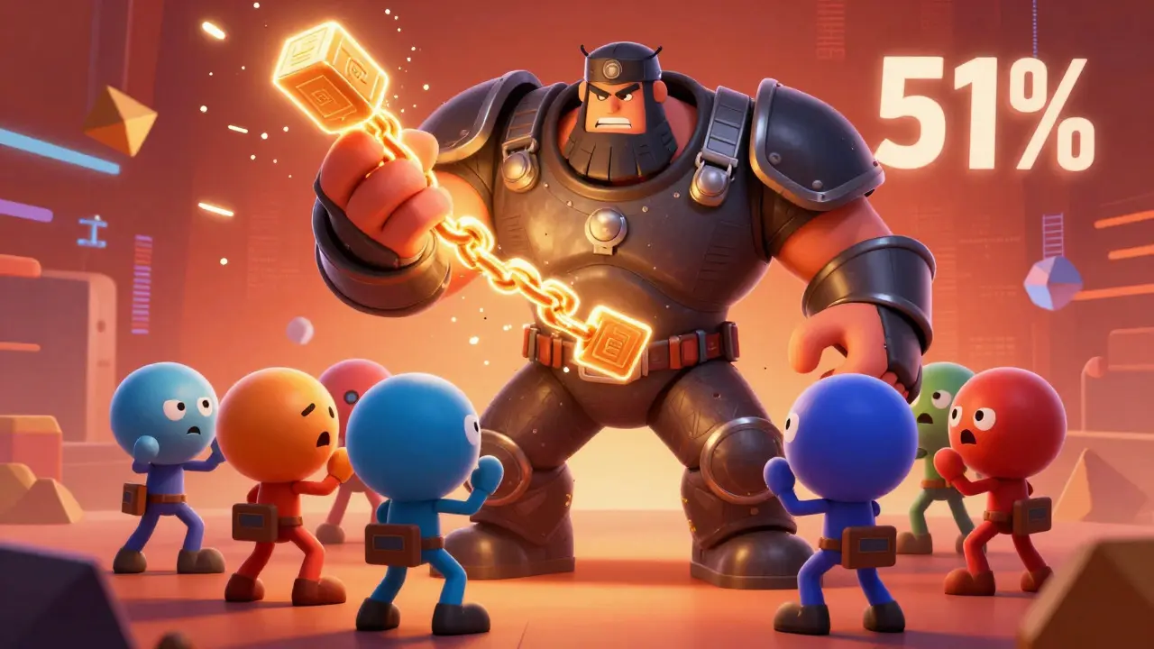 A large armored miner overpowering smaller miners in a blockchain network battle.