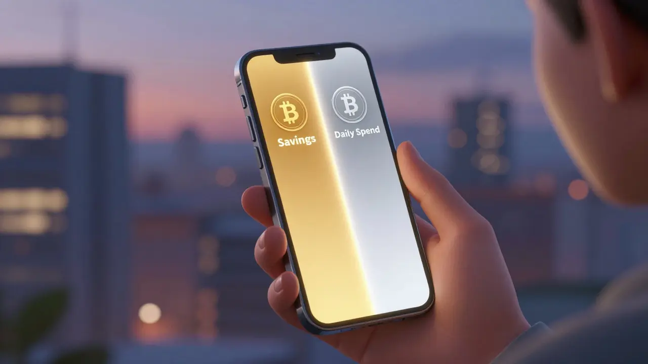 A person holding a phone showing a hybrid wallet with savings and spending sections.