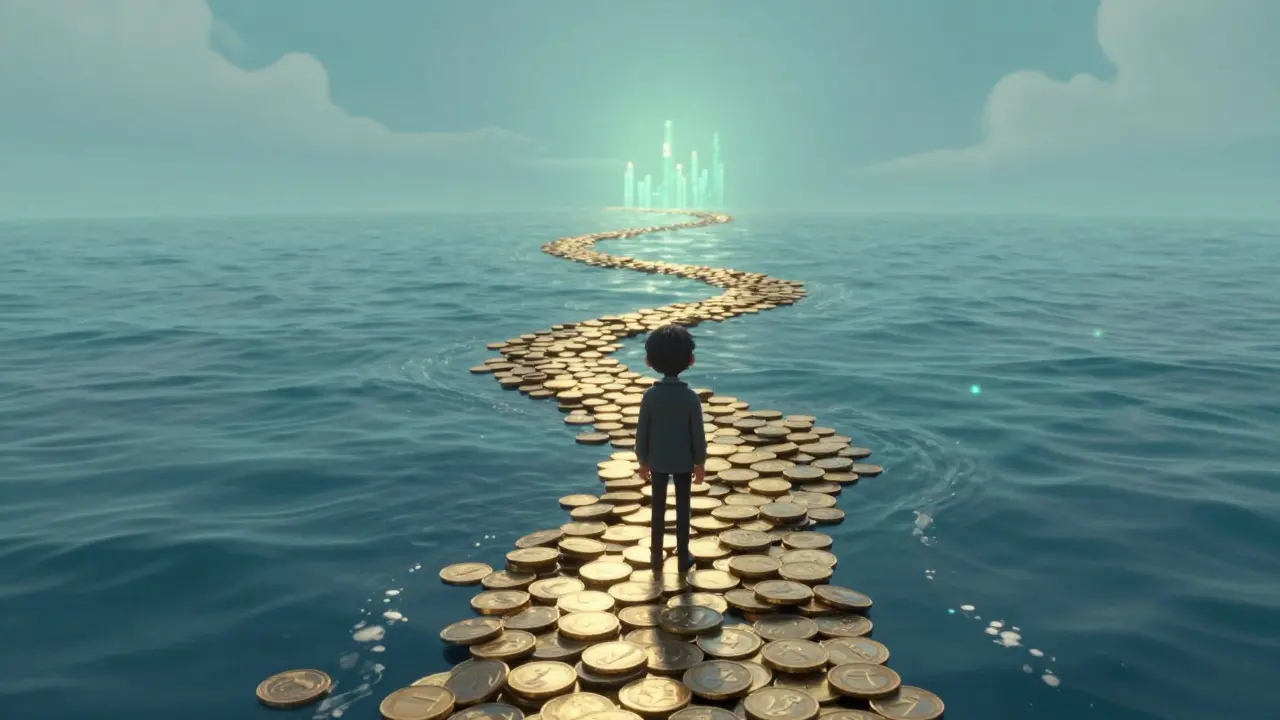 A small character walking a calm path of coins towards a distant horizon in 3D art.