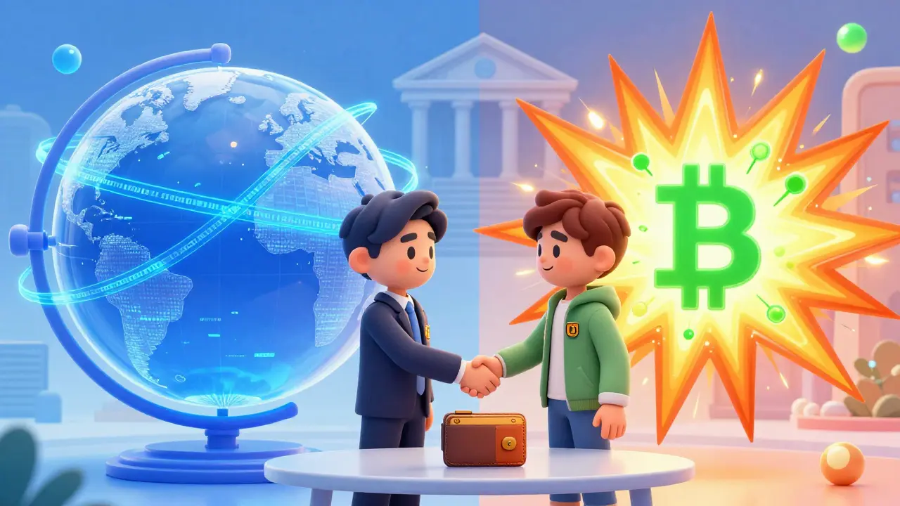 Animated characters shaking hands between stable government money and wild crypto.